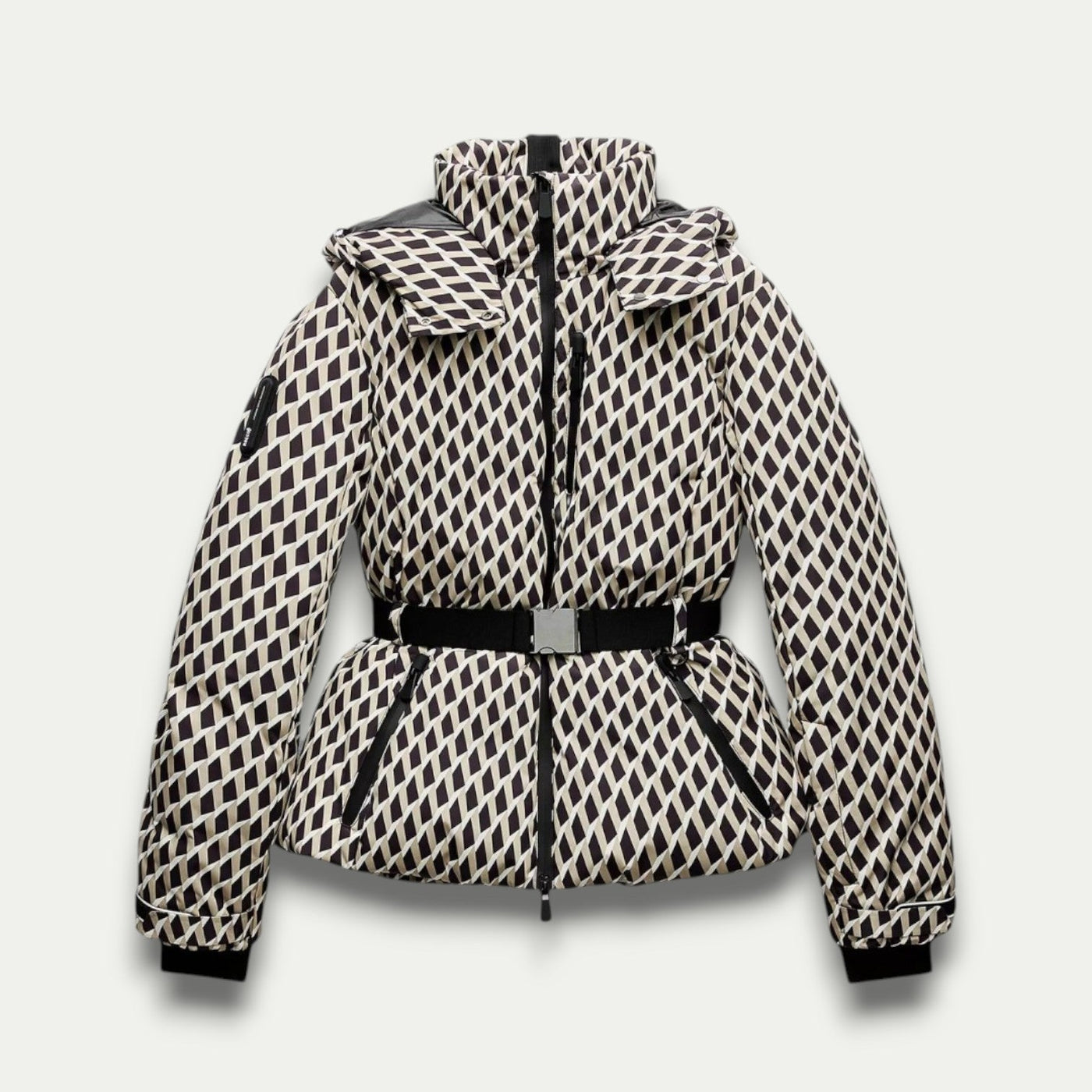 Beige Patterned Puffer Jacket for Women - Belted, Water-Resistant Winter Coat