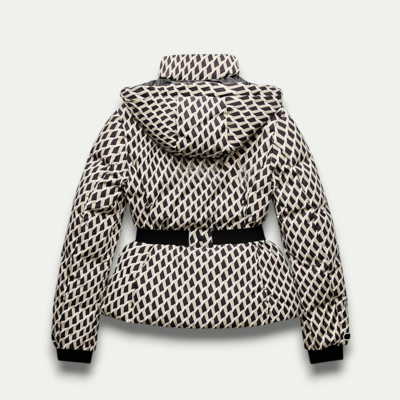 Beige Patterned Puffer Jacket for Women - Belted, Water-Resistant Winter Coat
