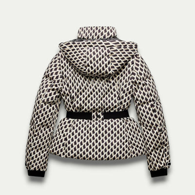Beige Patterned Puffer Jacket for Women - Belted, Water-Resistant Winter Coat