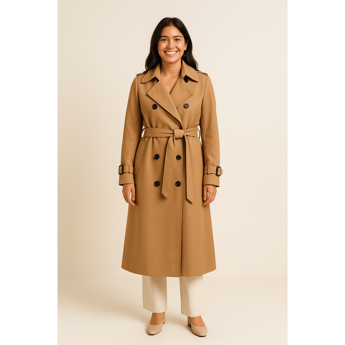 Camille - Women's Double-Breasted Trench Coat with Belted Waist and Pockets