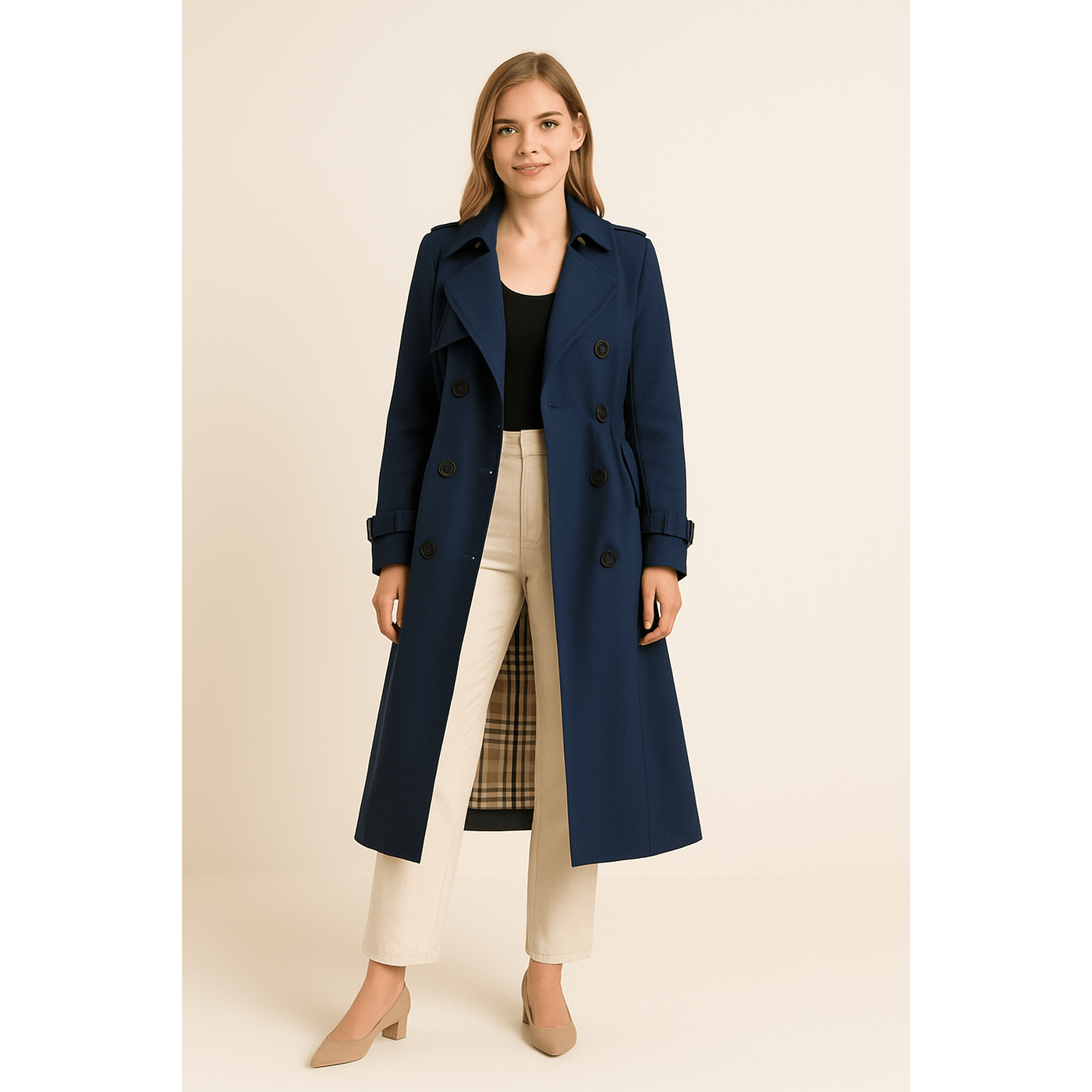 Camille - Women's Double-Breasted Trench Coat with Belted Waist and Pockets