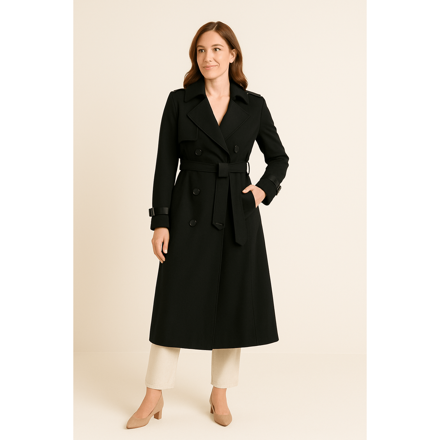 Camille - Women's Double-Breasted Trench Coat with Belted Waist and Pockets