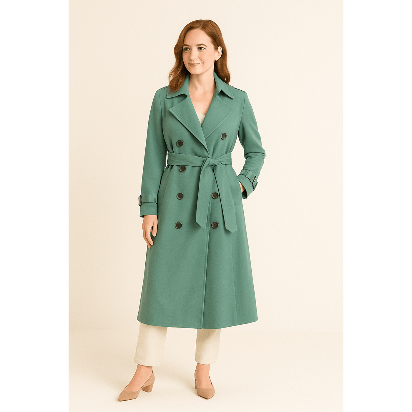 Camille - Women's Double-Breasted Trench Coat with Belted Waist and Pockets