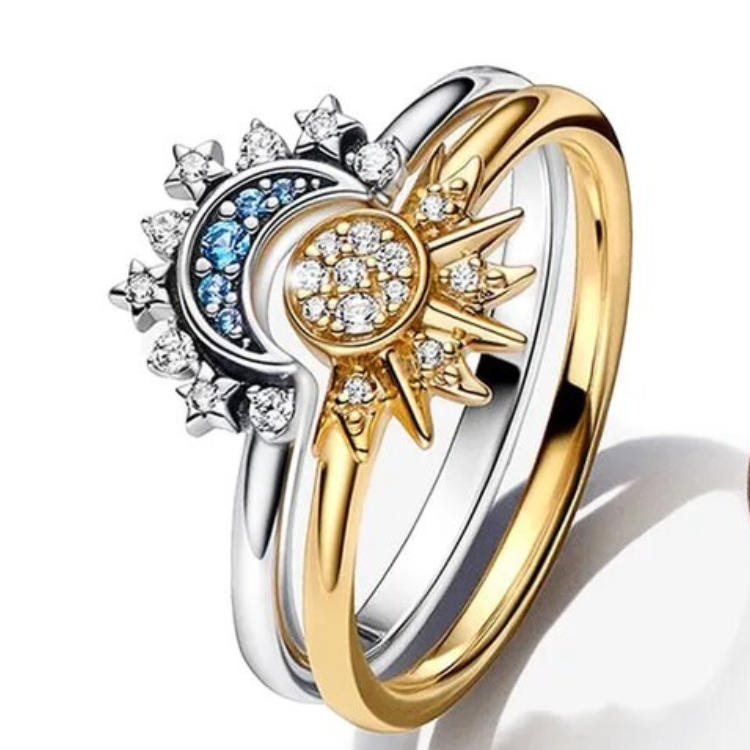 Celestial Sun and Moon Crystal Ring in Sterling Silver – Elegant Dual Tone Jewelry for Everyday and Special Occasions