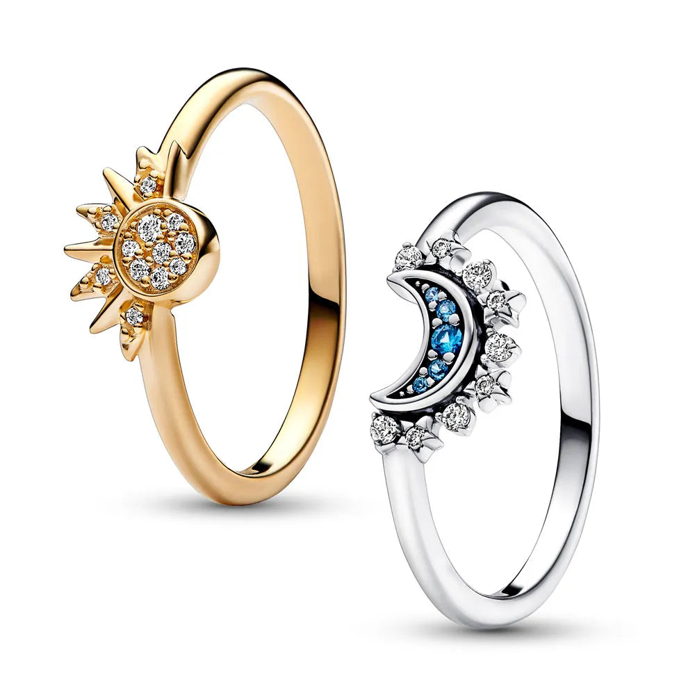 Celestial Sun and Moon Crystal Ring in Sterling Silver – Elegant Dual Tone Jewelry for Everyday and Special Occasions