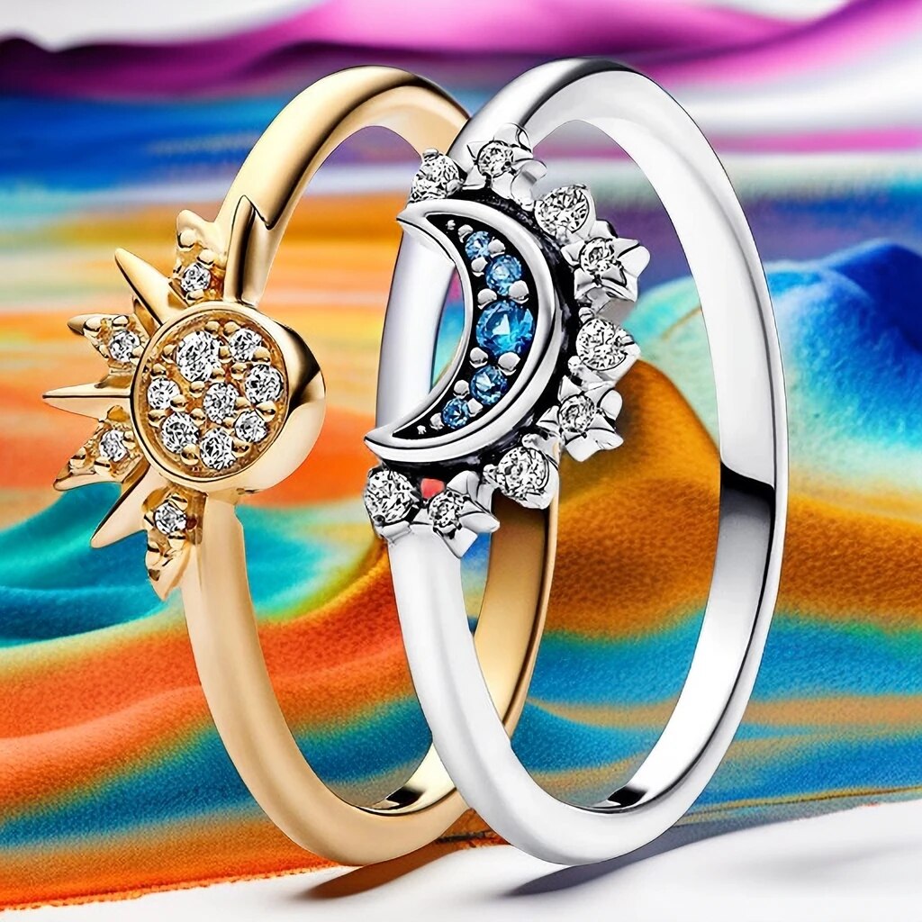Celestial Sun and Moon Crystal Ring in Sterling Silver – Elegant Dual Tone Jewelry for Everyday and Special Occasions