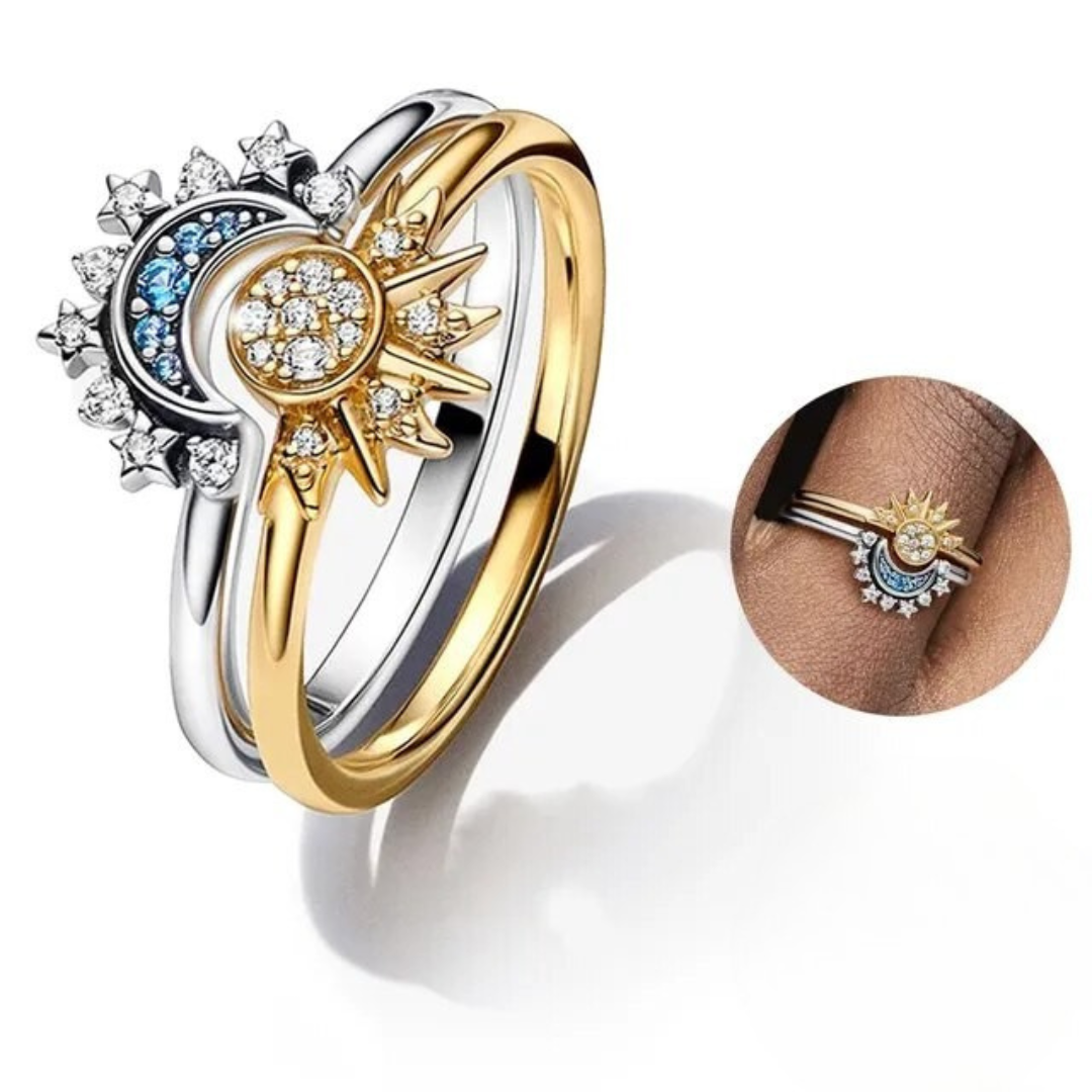 Celestial Sun and Moon Crystal Ring in Sterling Silver – Elegant Dual Tone Jewelry for Everyday and Special Occasions