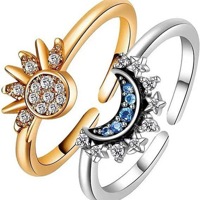 Celestial Sun and Moon Crystal Ring in Sterling Silver – Elegant Dual Tone Jewelry for Everyday and Special Occasions