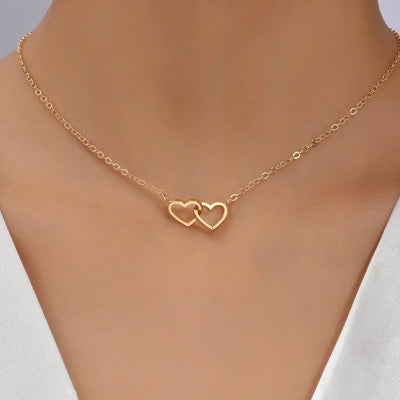 Double Heart Necklace in Gold Plating – Elegant Interlocking Design for Women, Lightweight and Versatile for Any Occasion 0