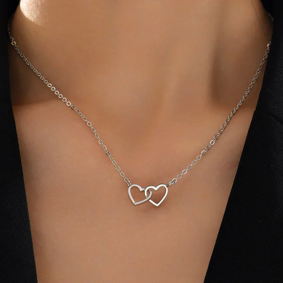 Double Heart Necklace in Gold Plating – Elegant Interlocking Design for Women, Lightweight and Versatile for Any Occasion 3