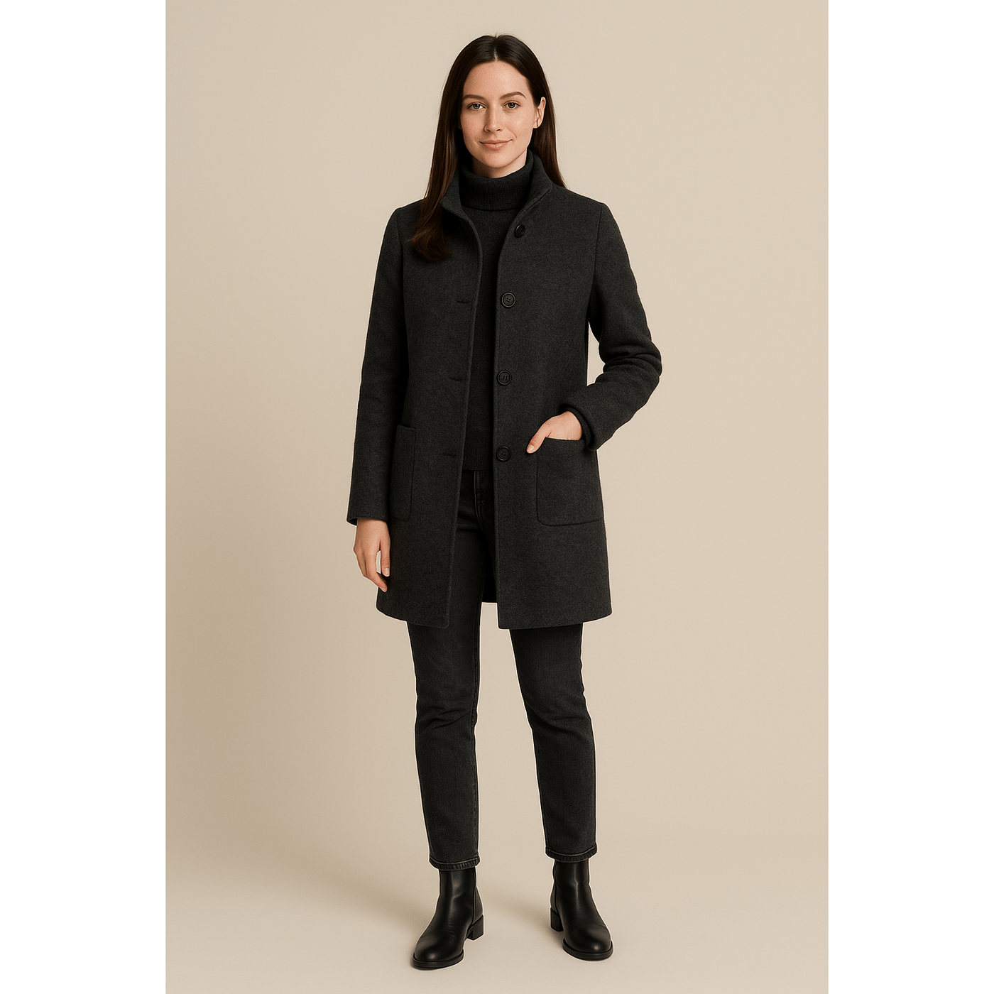Elara - Women's Wool Blend Coat with Stand Collar and Pockets for Winter