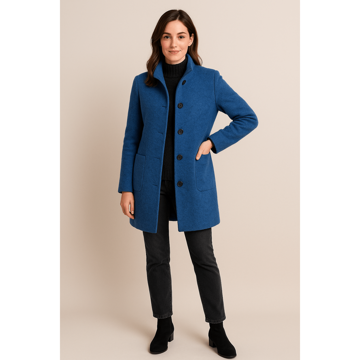 Elara - Women's Wool Blend Coat with Stand Collar and Pockets for Winter