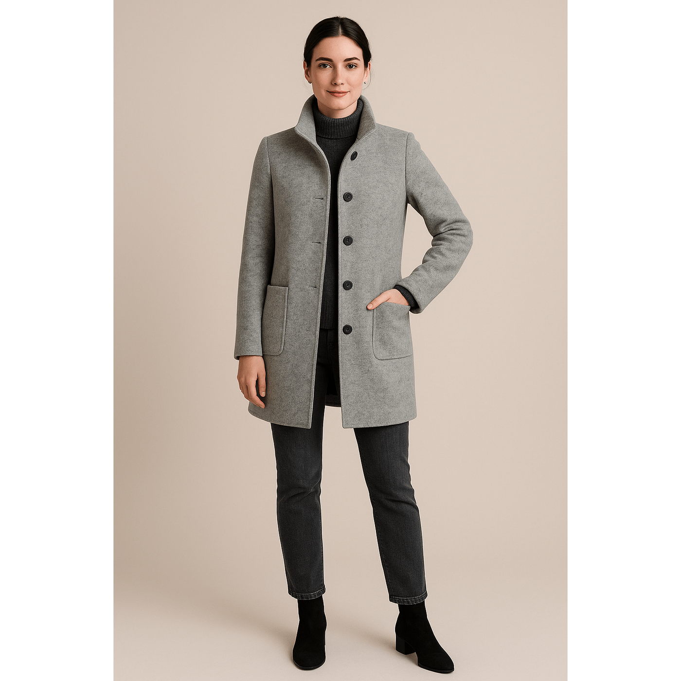Elara - Women's Wool Blend Coat with Stand Collar and Pockets for Winter