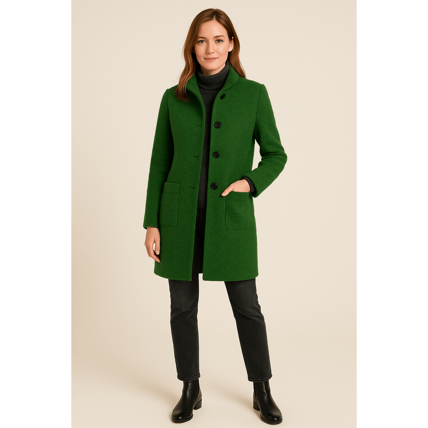 Elara - Women's Wool Blend Coat with Stand Collar and Pockets for Winter