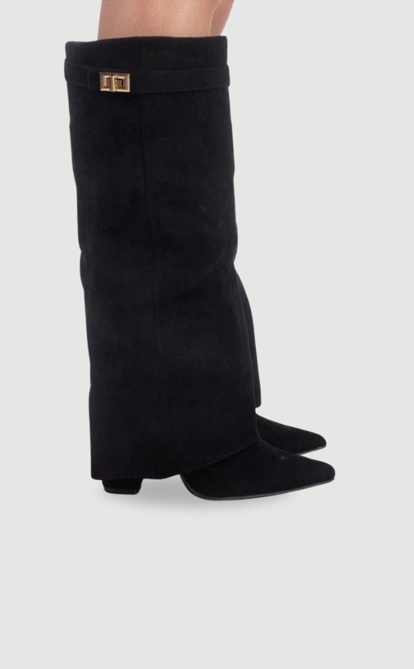 Elegant Black Suede Women's Boots with Gold Accents - Stylish & Versatile