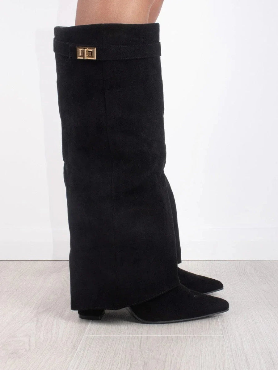 Elegant Black Suede Women's Boots with Gold Accents - Stylish & Versatile