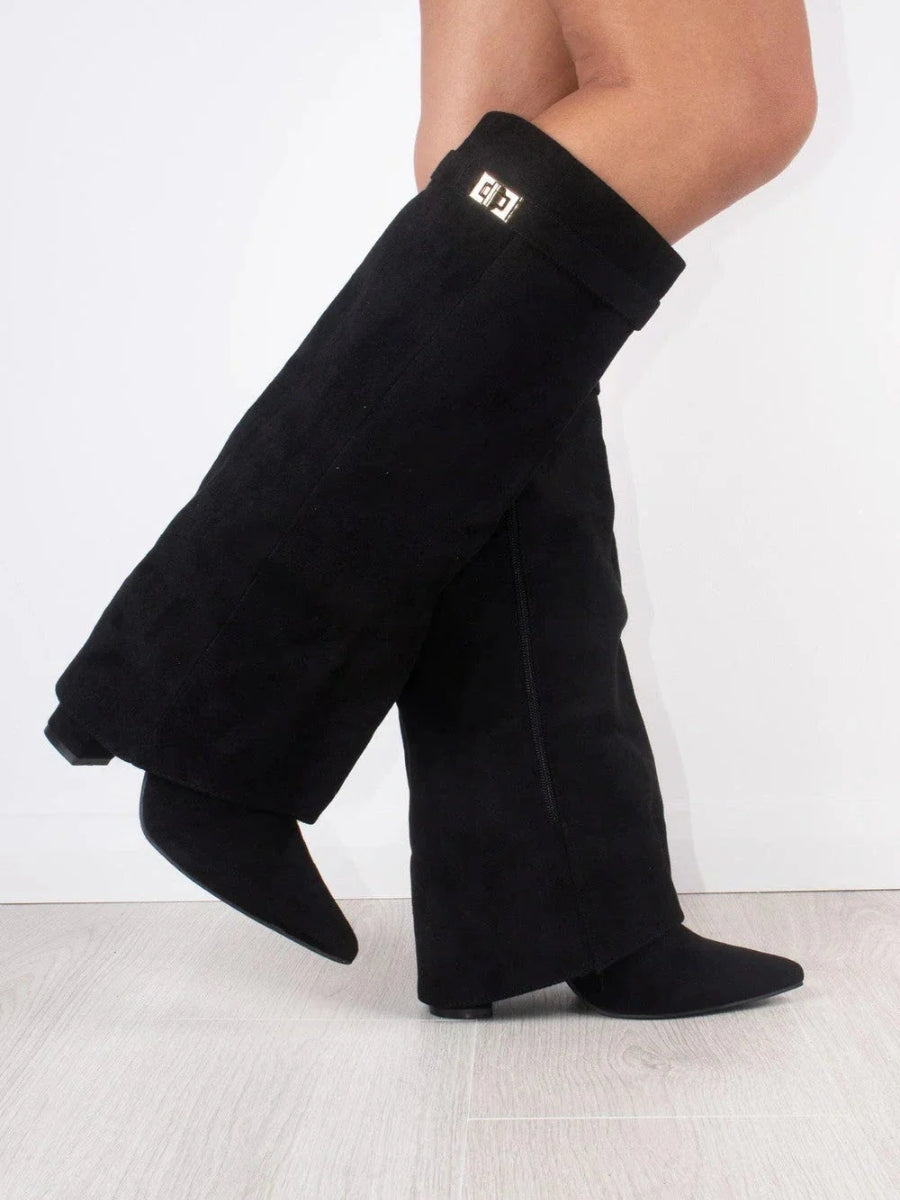 Elegant Black Suede Women's Boots with Gold Accents - Stylish & Versatile
