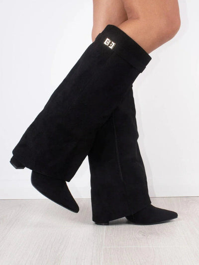 Elegant Black Suede Women's Boots with Gold Accents - Stylish & Versatile