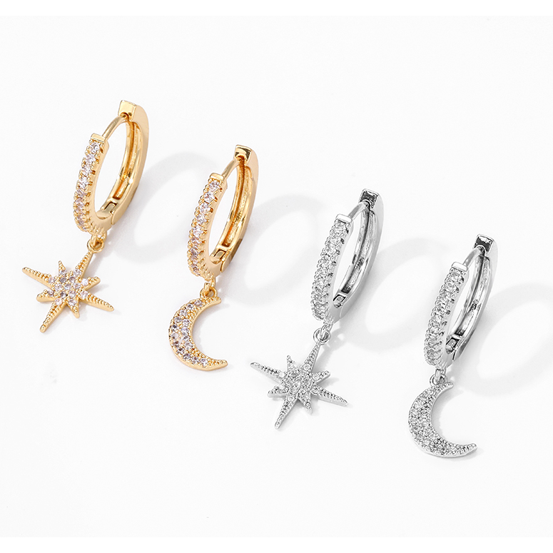 Elegant Gold Hoop Earrings for Women with Star and Moon Charms – Lightweight 2-Piece Design