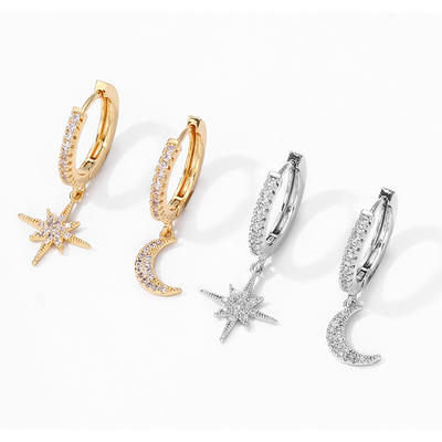 Elegant Gold Hoop Earrings for Women with Star and Moon Charms – Lightweight 2-Piece Design