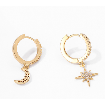 Elegant Gold Hoop Earrings for Women with Star and Moon Charms – Lightweight 2-Piece Design