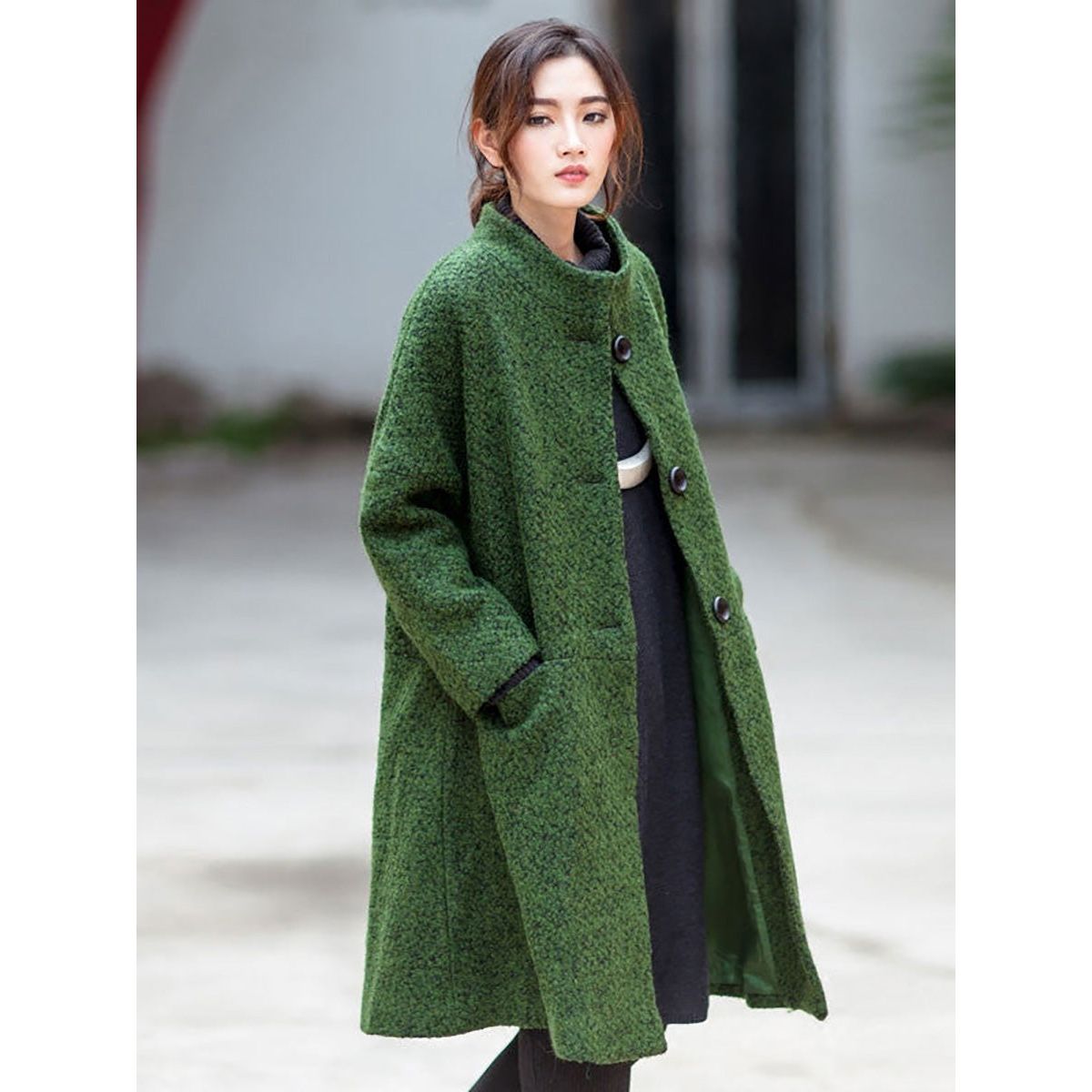 Elegant Plus Size Women's Wool Coat - Casual Loose Winter Coat with High Neck