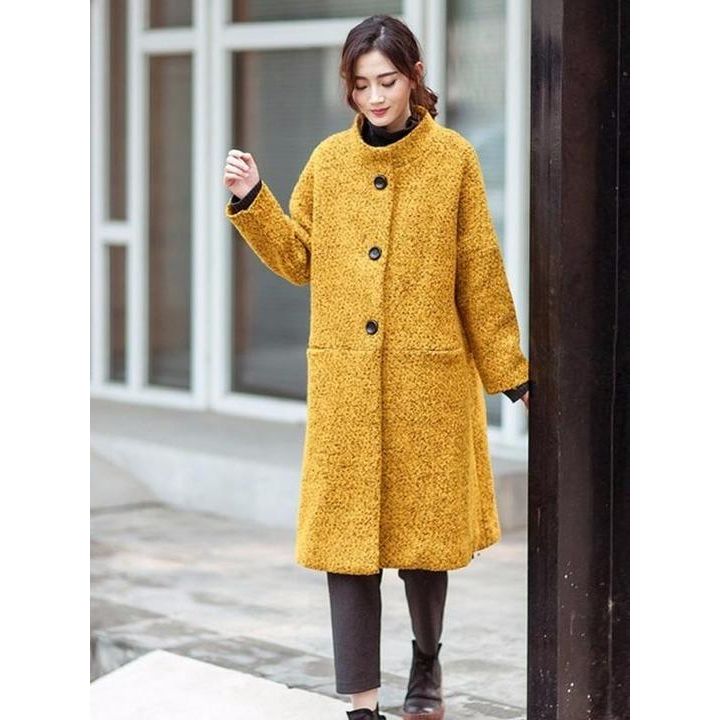 Elegant Plus Size Women's Wool Coat - Casual Loose Winter Coat with High Neck