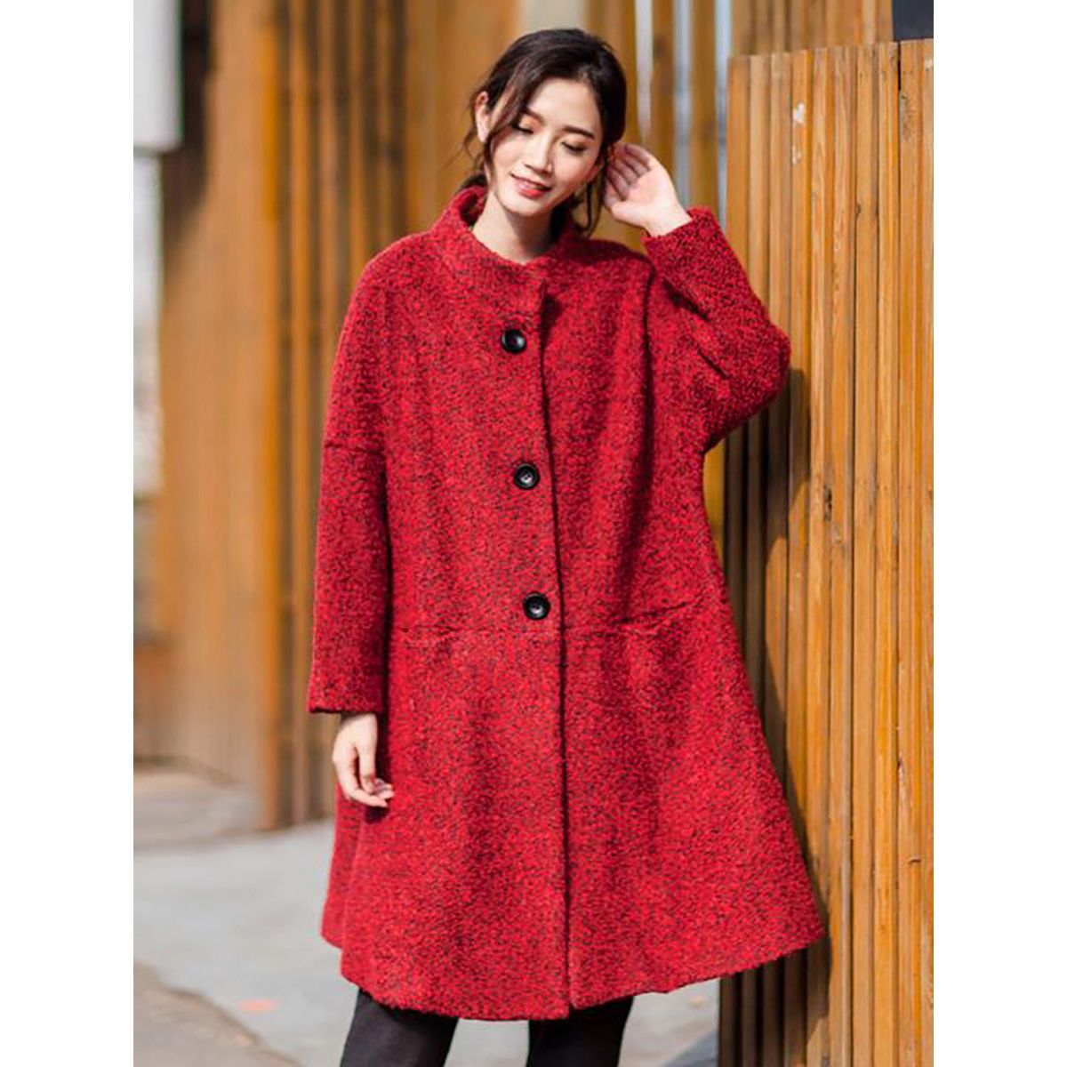 Elegant Plus Size Women's Wool Coat - Casual Loose Winter Coat with High Neck
