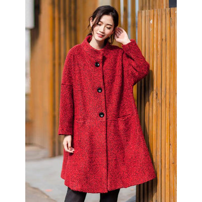 Elegant Plus Size Women's Wool Coat - Casual Loose Winter Coat with High Neck