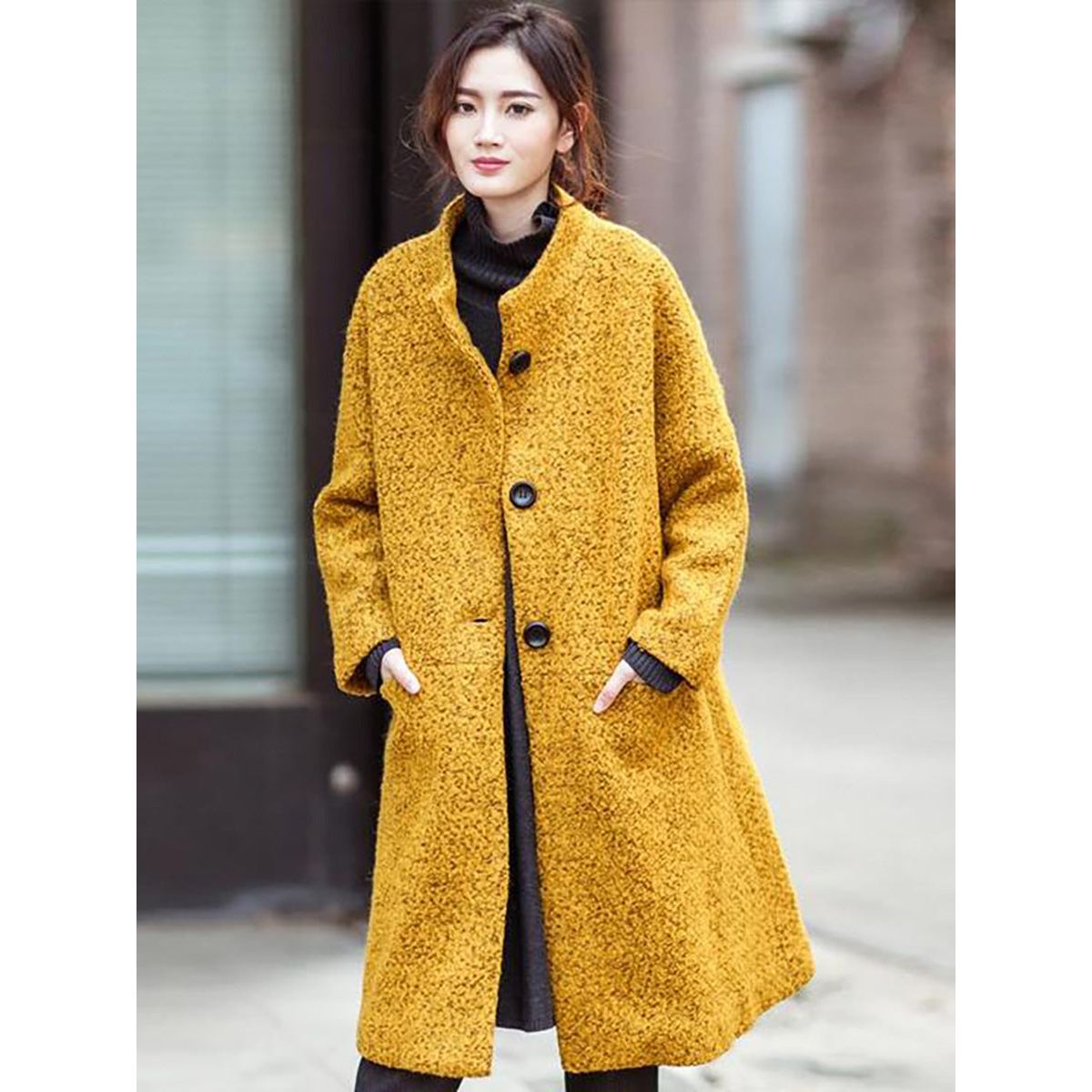 Elegant Plus Size Women's Wool Coat - Casual Loose Winter Coat with High Neck