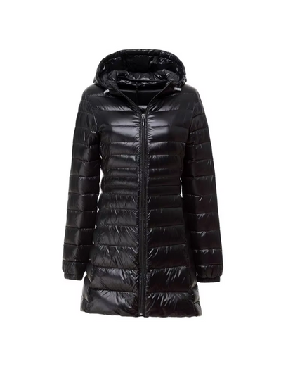 Elegant Women's Long Hooded Puffer Jacket for Winter Warmth & Comfort