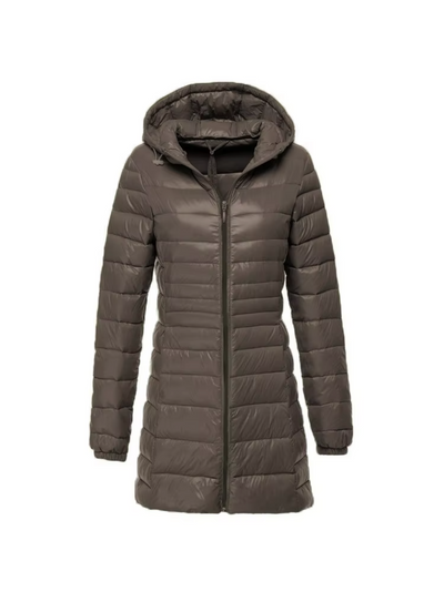 Elegant Women's Long Hooded Puffer Jacket for Winter Warmth & Comfort