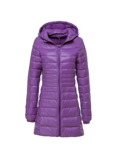 Elegant Women's Long Hooded Puffer Jacket for Winter Warmth & Comfort