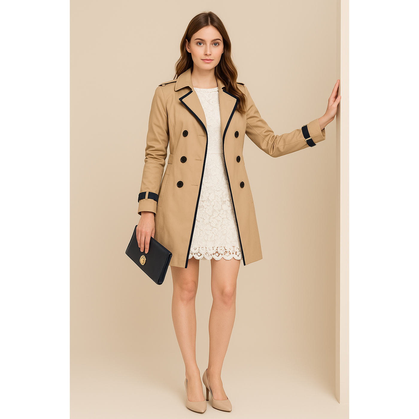 Maya - Women's Double-Breasted Trench Coat with Contrast Trim, Knee-Length Winter Coat