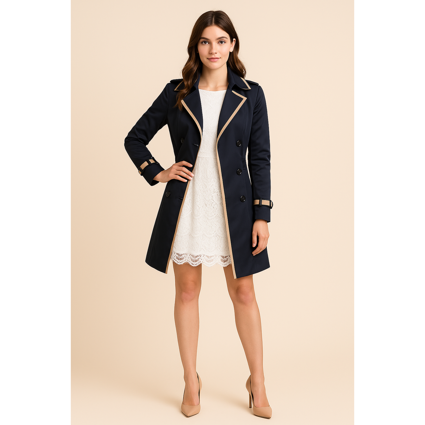 Maya - Women's Double-Breasted Trench Coat with Contrast Trim, Knee-Length Winter Coat
