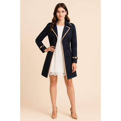 Maya - Women's Double-Breasted Trench Coat with Contrast Trim, Knee-Length Winter Coat