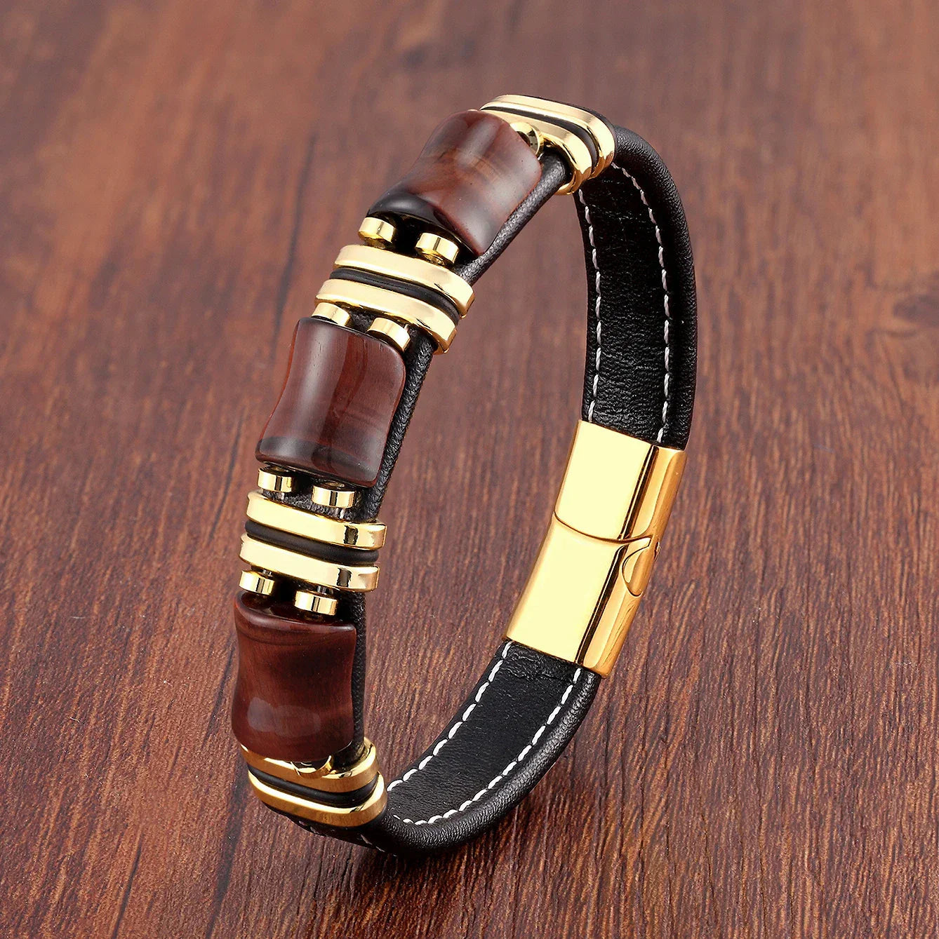 Men's Leather Bracelet with Natural Tiger Eye Stone – Adjustable Stylish Accessory for Casual and Formal Wear