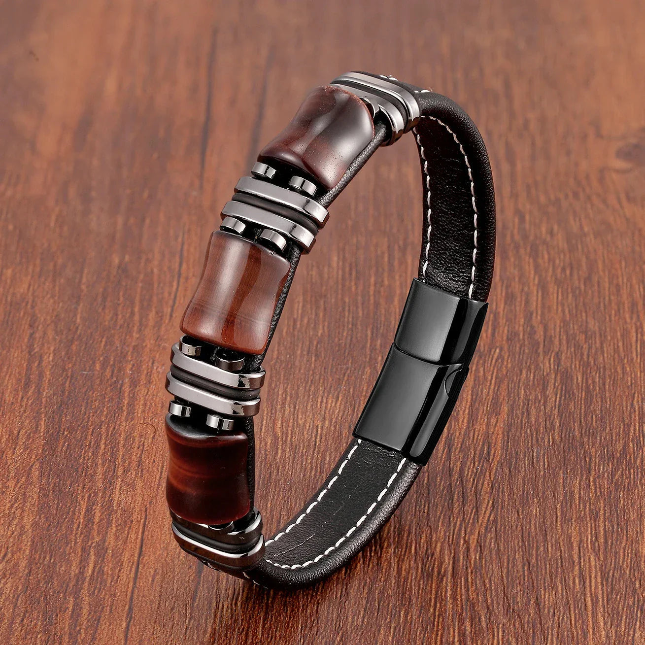 Men's Leather Bracelet with Natural Tiger Eye Stone – Adjustable Stylish Accessory for Casual and Formal Wear