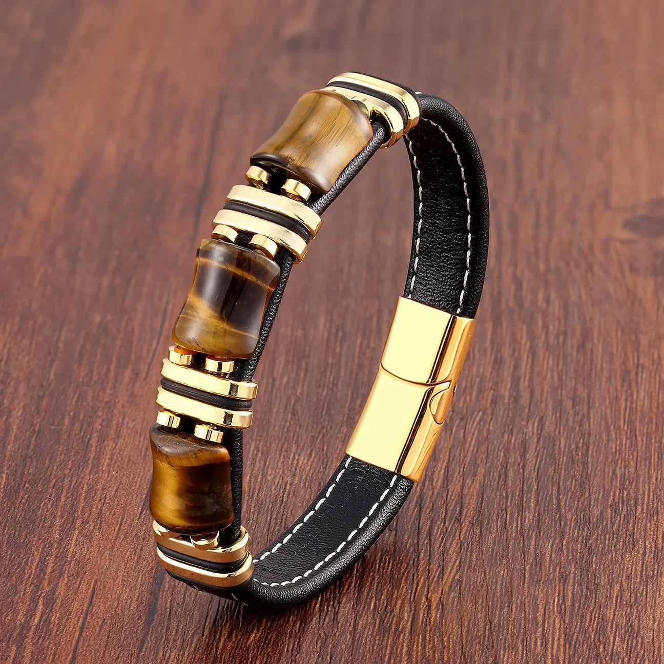 Men's Leather Bracelet with Natural Tiger Eye Stone – Adjustable Stylish Accessory for Casual and Formal Wear