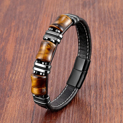 Men's Leather Bracelet with Natural Tiger Eye Stone – Adjustable Stylish Accessory for Casual and Formal Wear