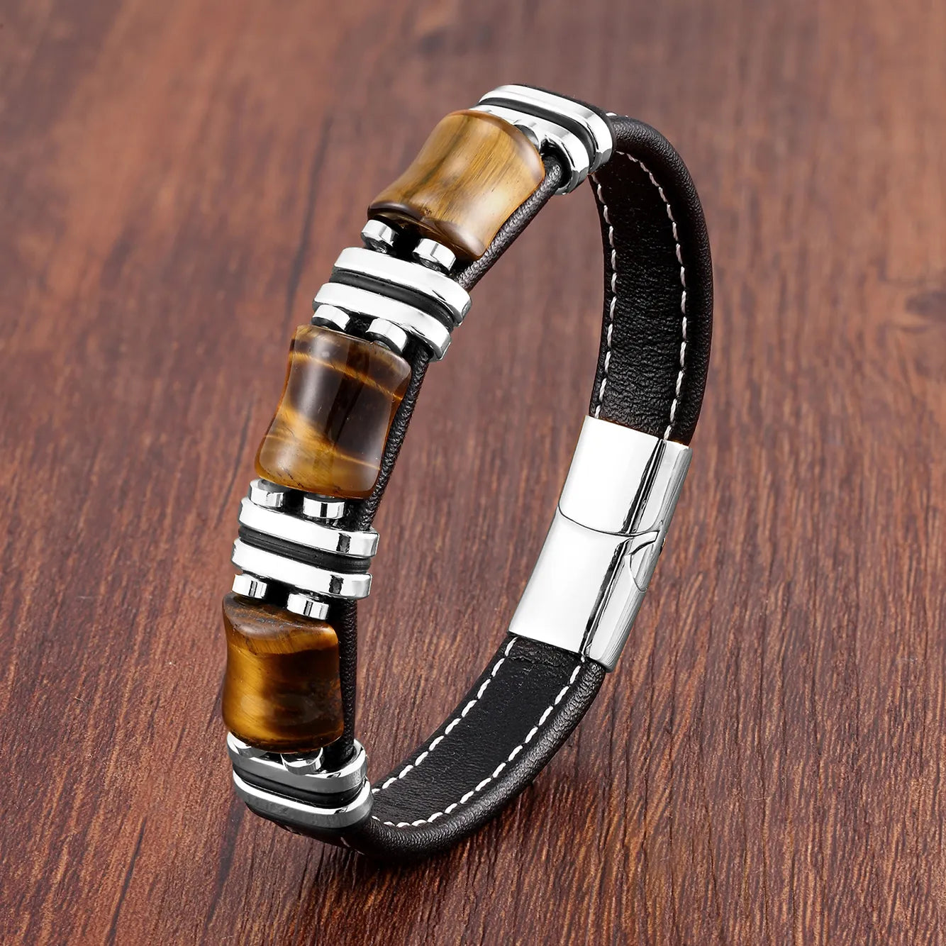 Men's Leather Bracelet with Natural Tiger Eye Stone – Adjustable Stylish Accessory for Casual and Formal Wear