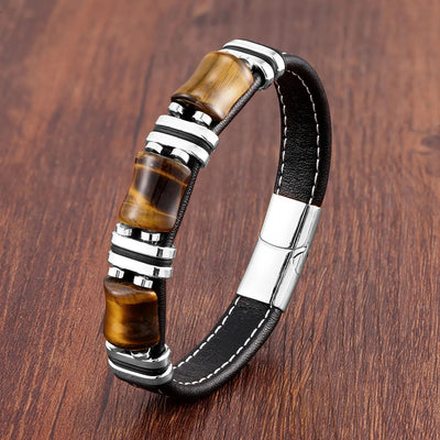 Men's Leather Bracelet with Natural Tiger Eye Stone – Adjustable Stylish Accessory for Casual and Formal Wear