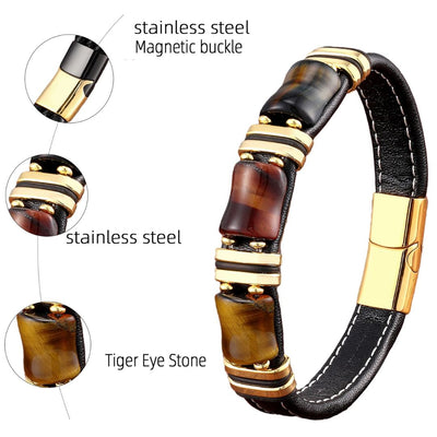 Men's Leather Bracelet with Natural Tiger Eye Stone – Adjustable Stylish Accessory for Casual and Formal Wear