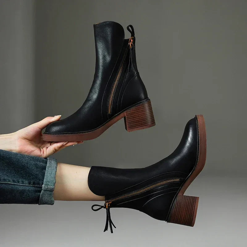 Stylish Black Ankle Boots for Women with Block Heel & Side Zipper