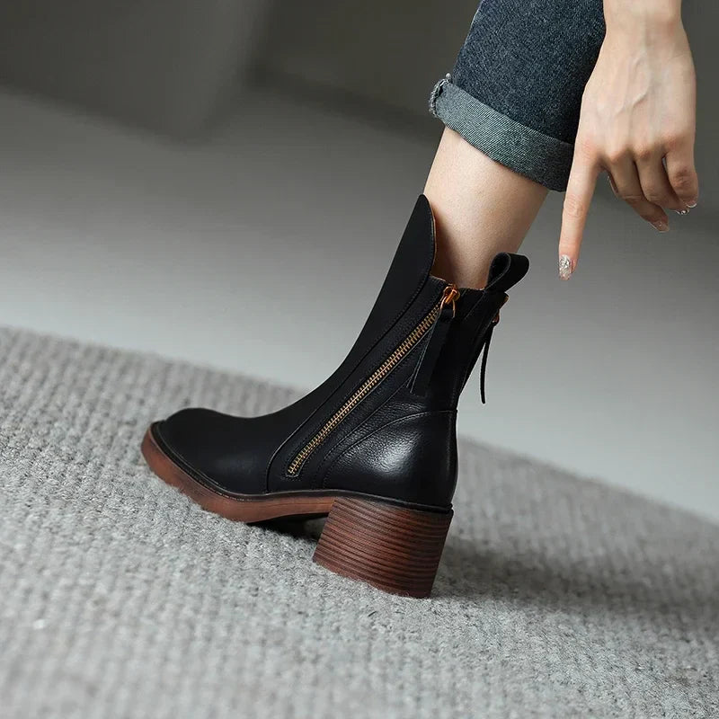 Stylish Black Ankle Boots for Women with Block Heel & Side Zipper