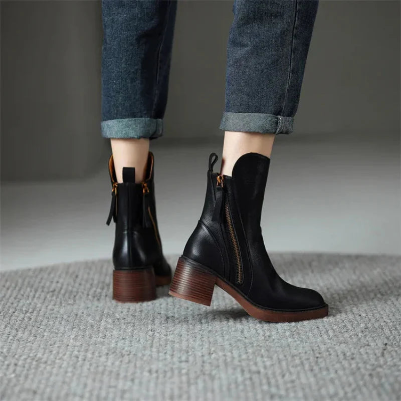 Stylish Black Ankle Boots for Women with Block Heel & Side Zipper