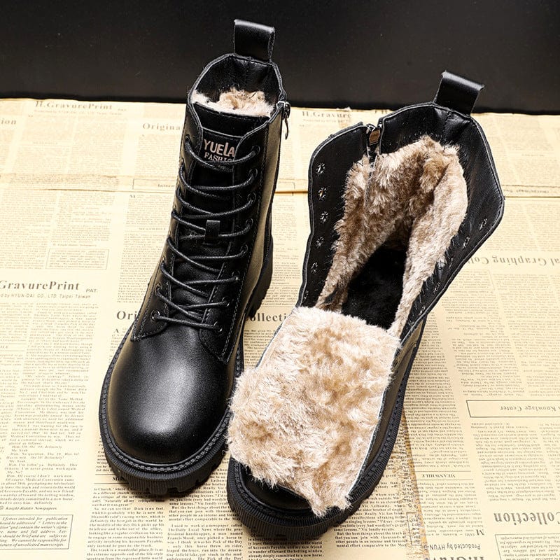 Stylish Black Knee High Winter Boots in Vegan Leather with Faux Fur Lining