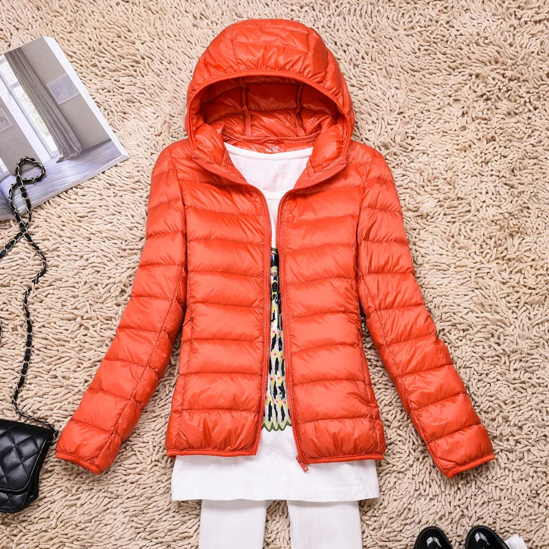 Ultralight Down Puffer Jacket Women with Hood, Foldable Design for Winter Coats