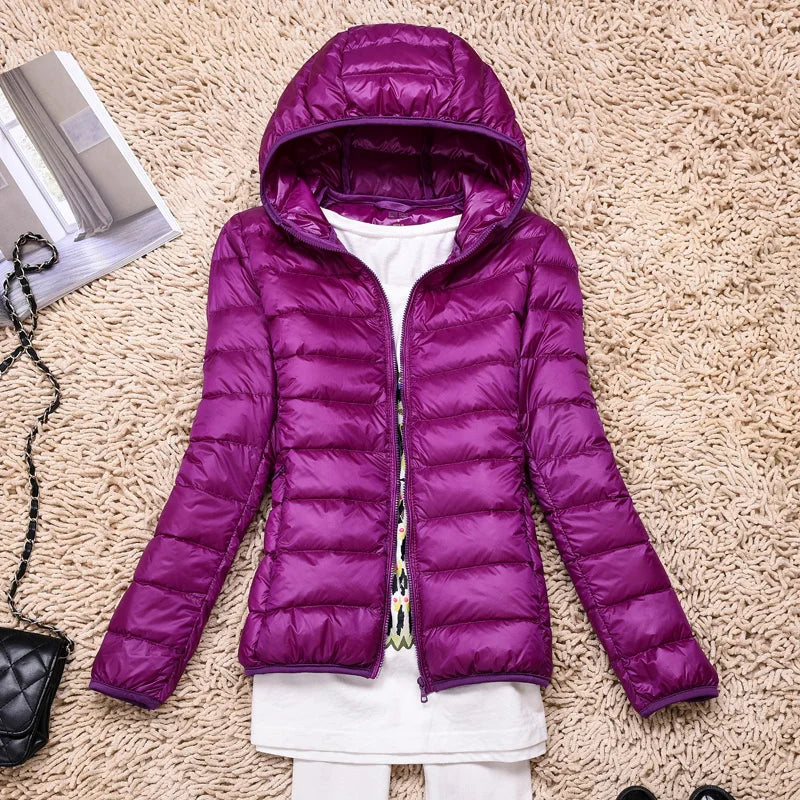 Ultralight Down Puffer Jacket Women with Hood, Foldable Design for Winter Coats