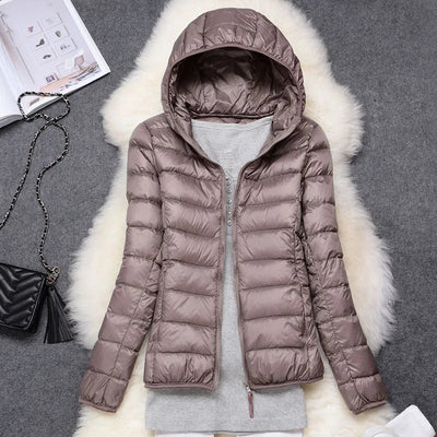 Ultralight Down Puffer Jacket Women with Hood, Foldable Design for Winter Coats